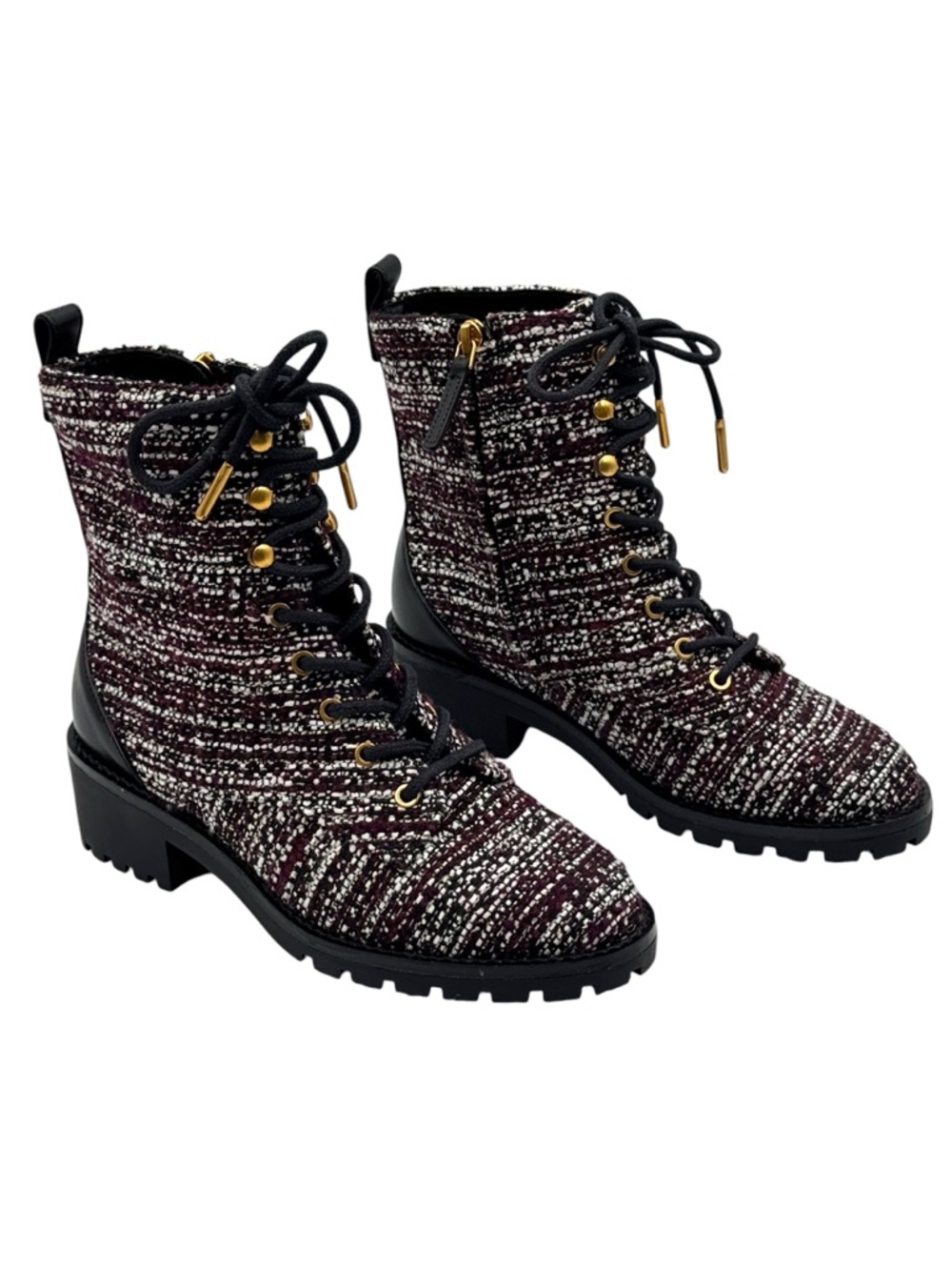 Tory Burch Combat Lug Sole Tweed & Leather Lace Up Booties Size 6